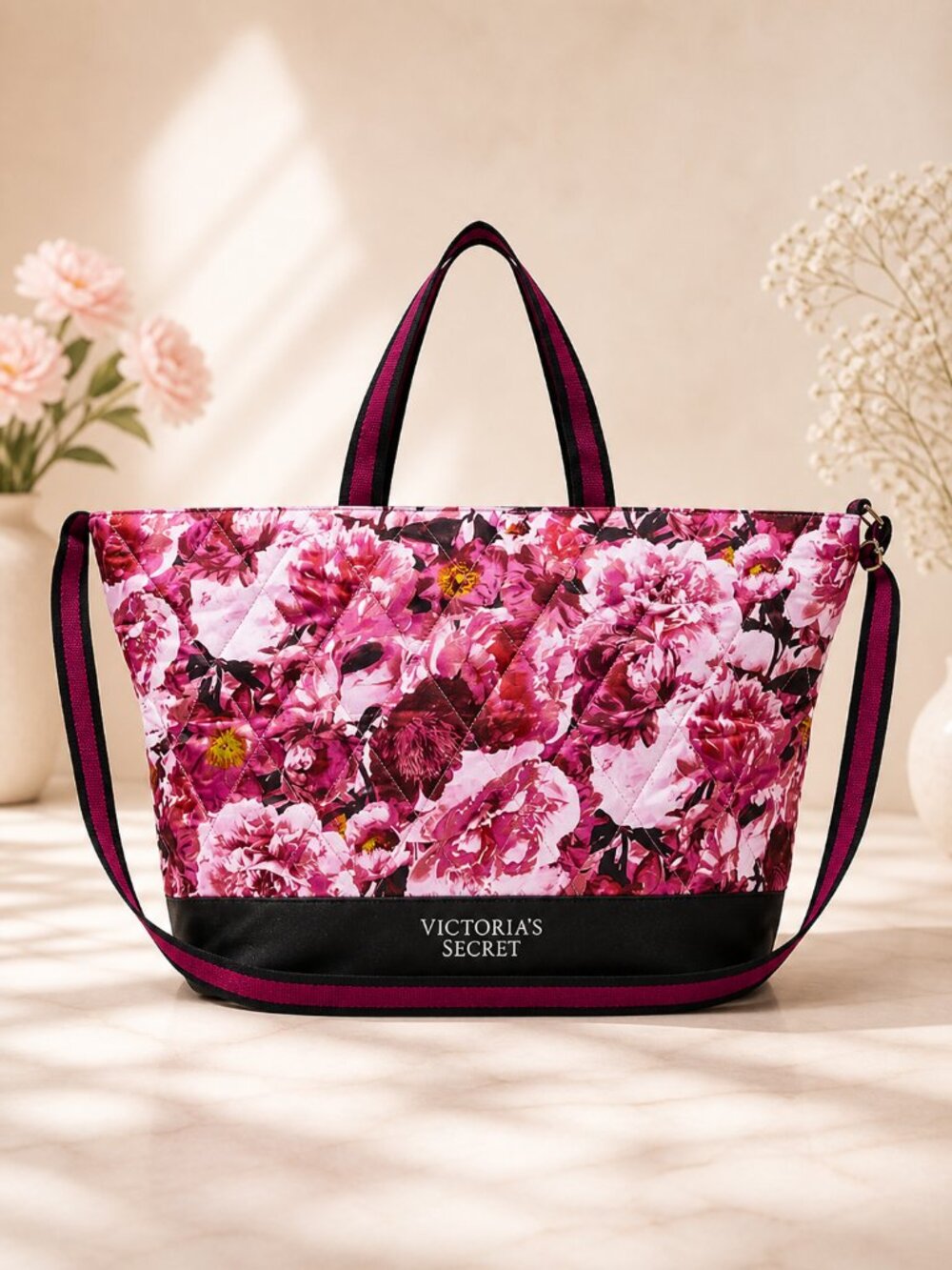 NWT Victoria's Secret Floral Weekender Quilted Duffle Tote Bag